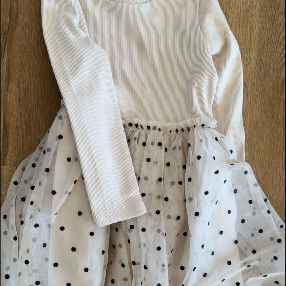 White Long Sleeve Dress with Polka Dot Skirt